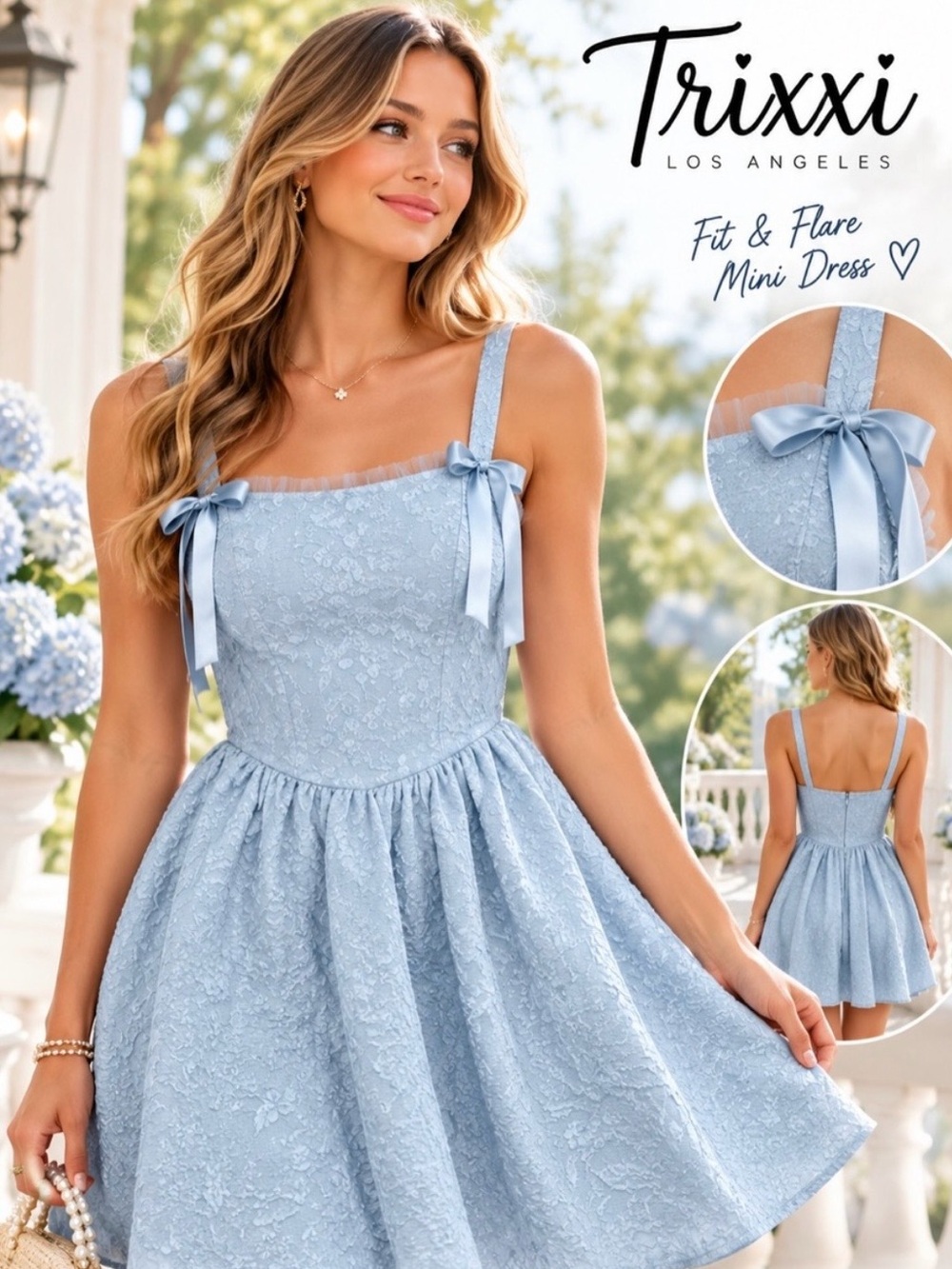 Trixxi Light Blue Embroidered Tie-Shoulder Mini Dress NWOT